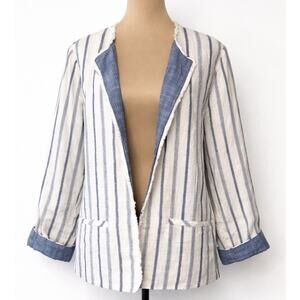 Chico’s 100% Linen Jacket Blue White Stripe Sz 3 16 Costal Chic Nautical Preppy